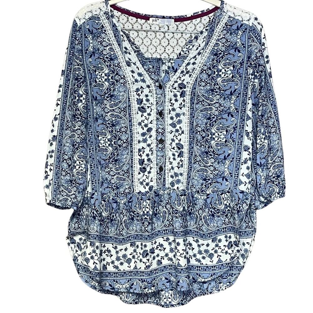 Jolt top white blue bohemian cottagecore crocheted ruffle size large